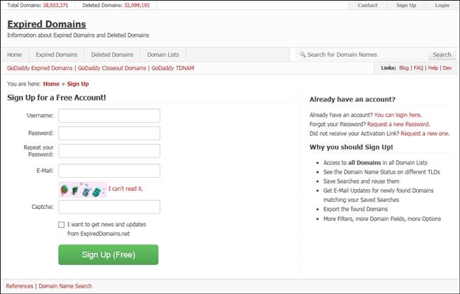 Expired Domains Sign Up画面